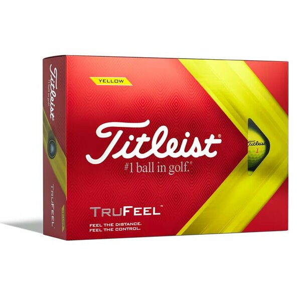 Gele Titleist TruFeel golfballen met logo, voorkant van de doos