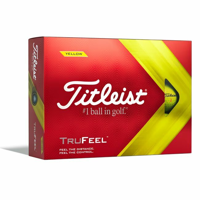 Gele Titleist TruFeel golfballen met logo, voorkant van de doos