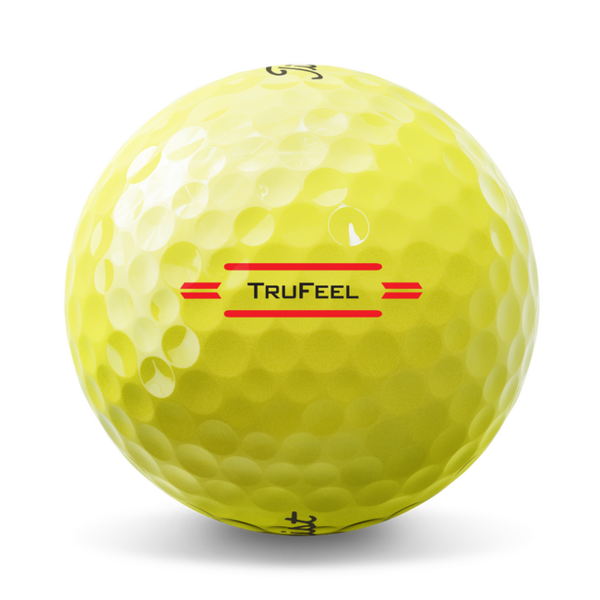 Gele Titleist TruFeel golfballen met logo, het lijntje op de Titleist golfbal