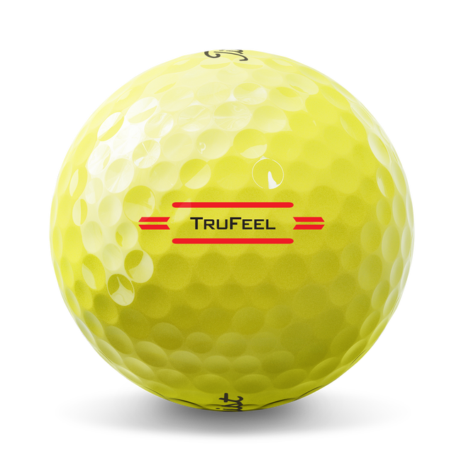 Gele Titleist TruFeel golfballen met logo, het lijntje op de Titleist golfbal