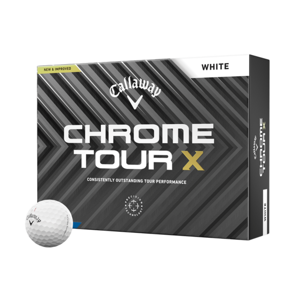 Callaway Chrome Tour X golfballen met logo, voorkant van de doos met de Callaway Chrome Tour X ervoor
