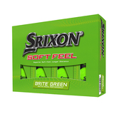 Groene Srixon Soft Feel Brite golfballen met logo, voorkant van de doos