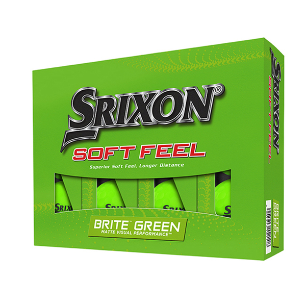Groene Srixon Soft Feel Brite golfballen met logo, voorkant van de doos