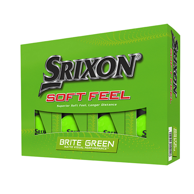 Groene Srixon Soft Feel Brite golfballen met logo, voorkant van de doos