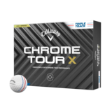 Callaway Chrome Tour X Triple Track golfballen met logo, voorkant van de doos met de Callaway Chrome Tour X Triple Track ervoor