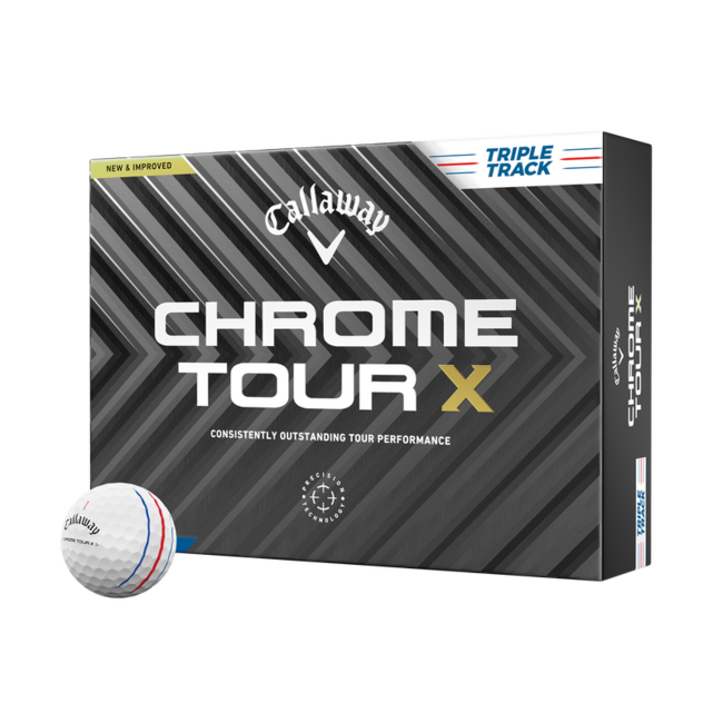 Callaway Chrome Tour X Triple Track golfballen met logo, voorkant van de doos met de Callaway Chrome Tour X Triple Track ervoor