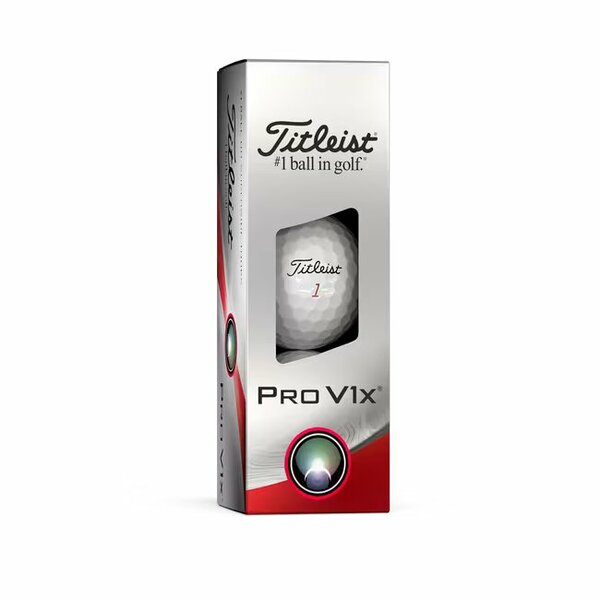 Titleist ProV1x golfballen met logo, de golfballen zitten verpakt in een doosje van drie