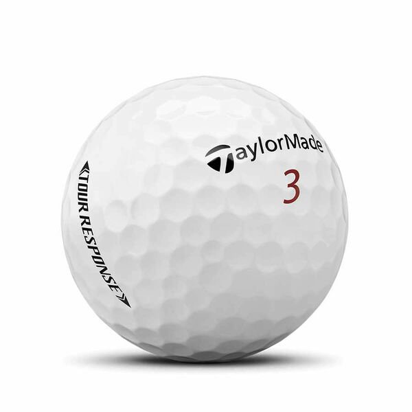 Taylormade Tour Response golfballen met logo, het logo van Taylormade afgebeeld op de bal