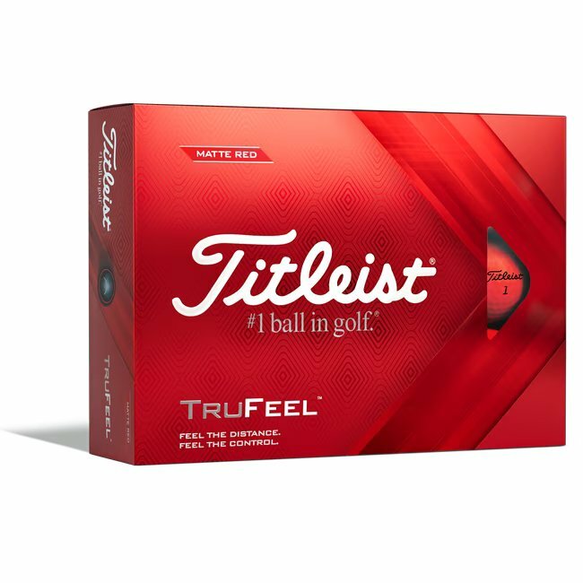 Rode Titleist TruFeel golfballen met logo, voorkant van de doos