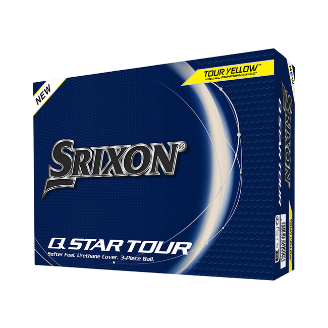 Gele Srixon Q-Star Tour golfballen met logo, voorkant van de doos