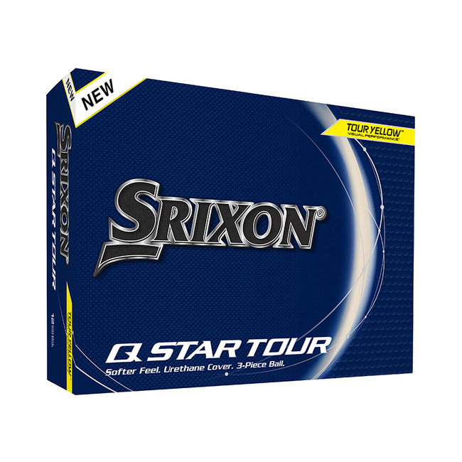 Gele Srixon Q-Star Tour golfballen met logo, voorkant van de doos