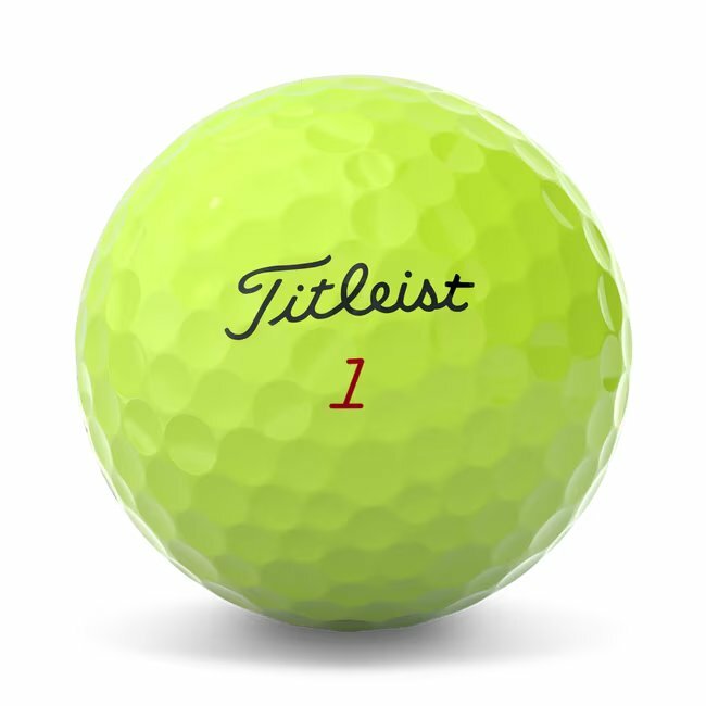 Gele Titleist ProV1x golfballen met logo, het logo van Titleist afgebeeld op de bal