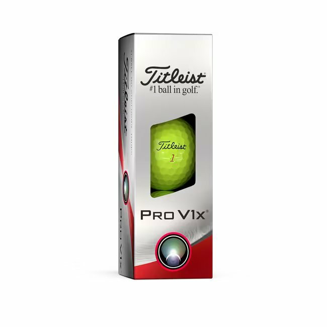 Gele Titleist ProV1x golfballen met logo, de golfballen zitten verpakt in een doosje van drie