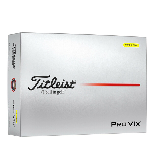 Gele Titleist ProV1x golfballen met logo, voorkant van de doos
