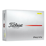 Gele Titleist ProV1x golfballen met logo, voorkant van de doos
