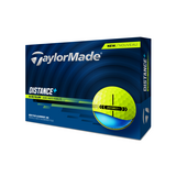 Gele Taylormade Distance+ golfballen met logo, voorkant van de doos