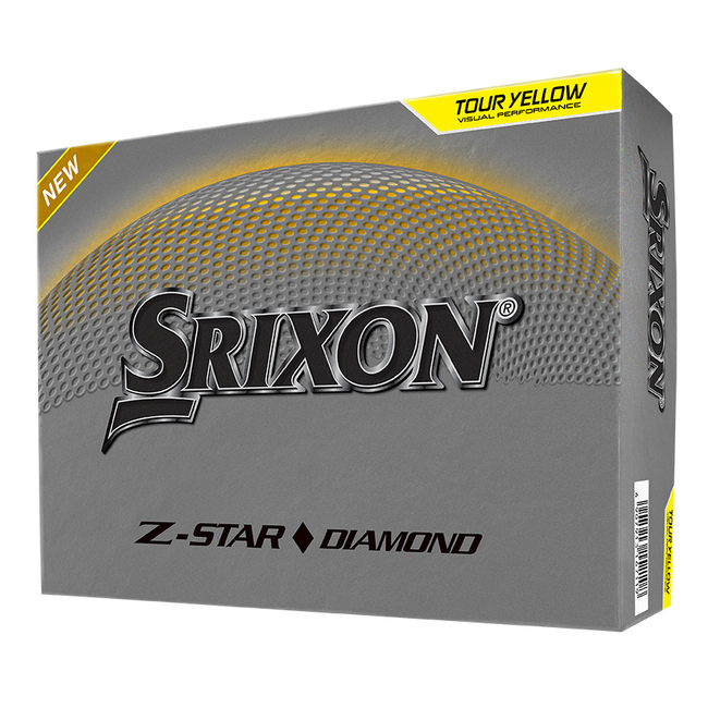 Gele Srixon Z-Star Diamond golfballen met logo, voorkant van de doos