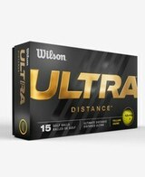Gele Wilson Ultra Distance golfballen met logo, voorkant van de doos