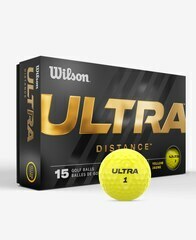 Gele Wilson Ultra Distance golfballen met logo, voorkant van de doos met de Wilson Ultra Distance ervoor