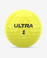 Gele Wilson Ultra Distance golfballen met logo, het logo van Wilson afgebeeld op de bal