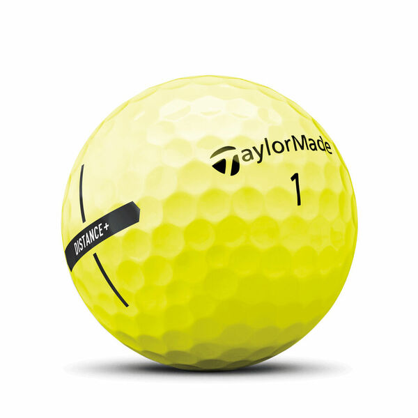 Gele Taylormade Distance+ golfballen met logo, het logo van Taylormade afgebeeld op de bal