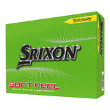 Gele Srixon Soft Feel golfballen met logo, voorkant van de doos
