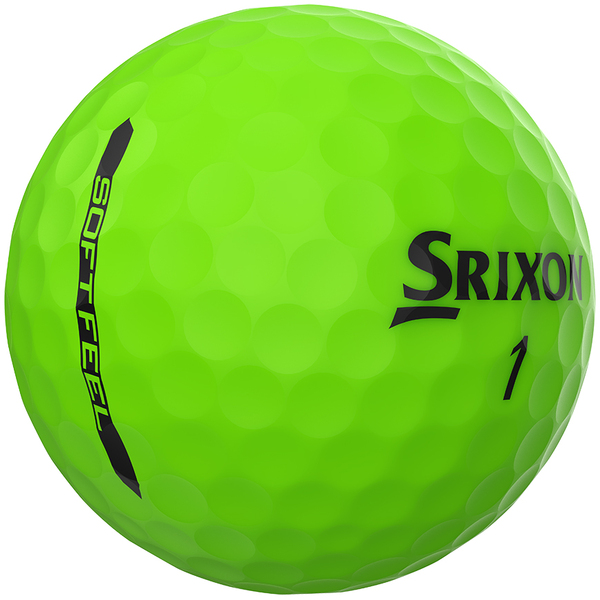 Groene Srixon Soft Feel Brite golfballen met logo, het logo van Srixon afgebeeld op de bal met het lijntje op de golfbal