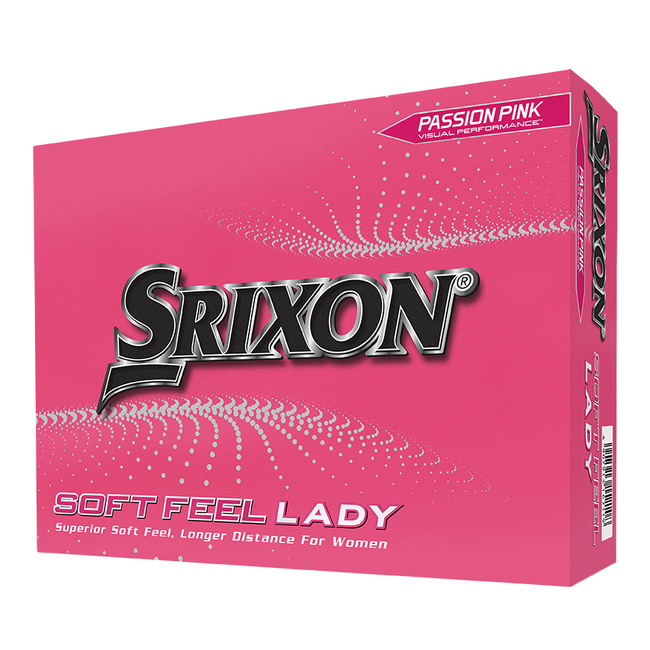 Roze Srixon Soft Feel Lady golfballen met logo, voorkant van de doos