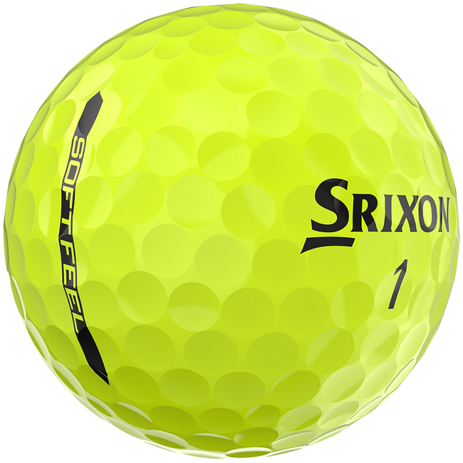 Gele Srixon Soft Feel golfballen met logo, het logo van Srixon afgebeeld op de bal met het lijntje op de golfbal