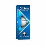 Titleist Tour Soft golfballen met logo, de golfballen zitten verpakt in een doosje van drie