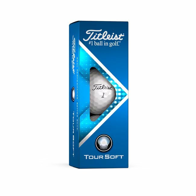 Titleist Tour Soft golfballen met logo, de golfballen zitten verpakt in een doosje van drie