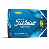 Gele Titleist Tour Soft golfballen met logo, voorkant van de Titleist Tour soft golfballen