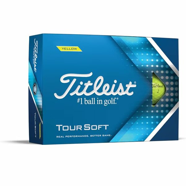 Gele Titleist Tour Soft golfballen met logo, voorkant van de Titleist Tour soft golfballen