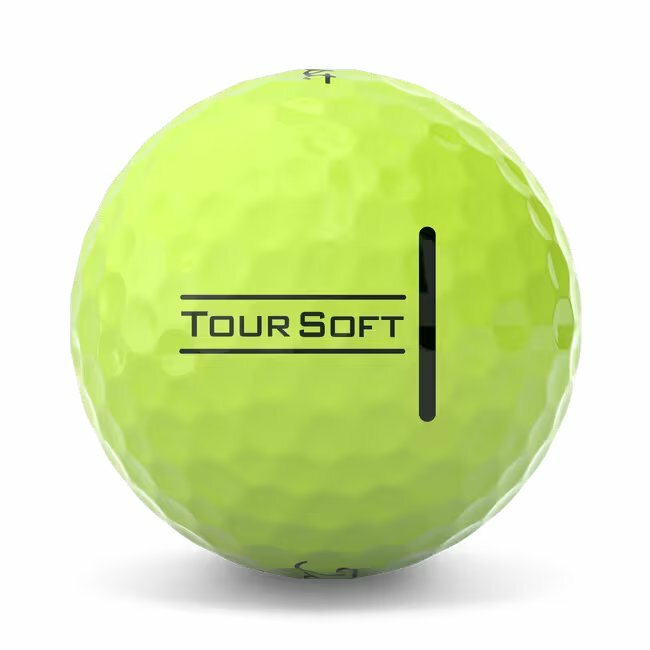Gele Titleist Tour Soft golfballen met logo, het lijntje op de Titleist Tour Soft golfbal