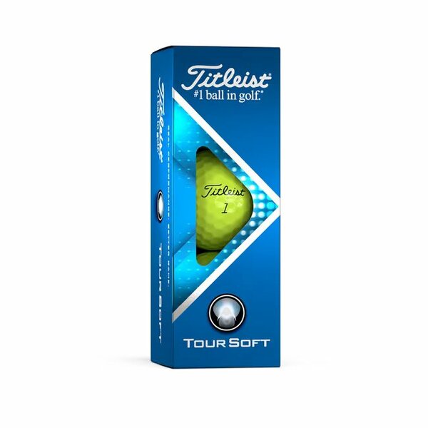 Gele Titleist Tour Soft golfballen met logo, de golfballen zitten verpakt in een doosje van drie