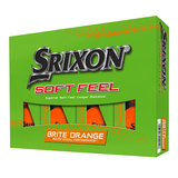 Oranje Srixon Soft Feel Brite golfballen met logo, voorkant van de doos
