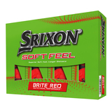 Rode Srixon Soft Feel Brite golfballen met logo, voorkant van de doos