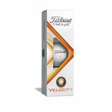 Titleist Velocity golfballen met logo, de golfballen zitten verpakt in een doosje van drie