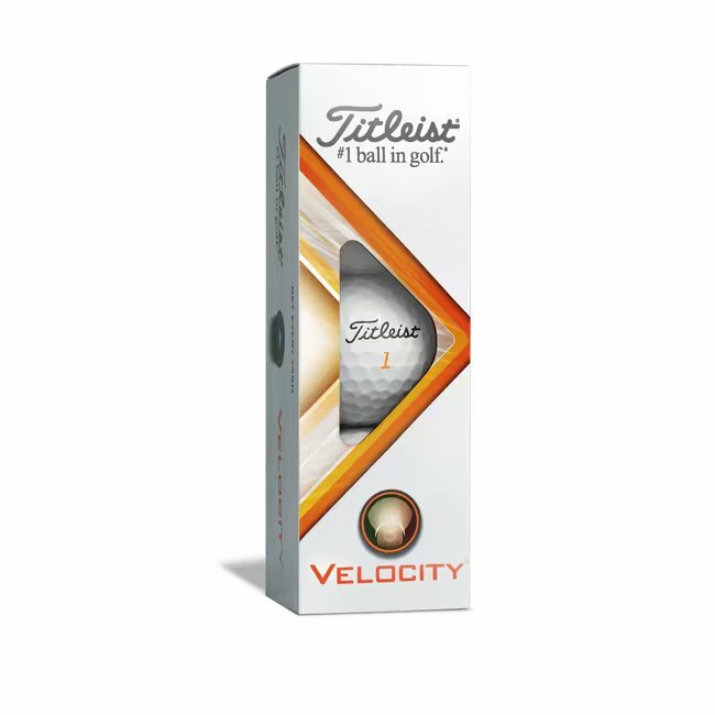 Titleist Velocity golfballen met logo, de golfballen zitten verpakt in een doosje van drie