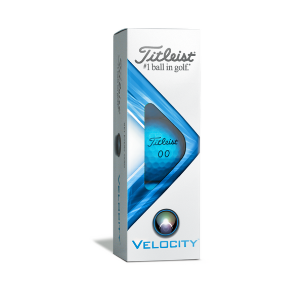 Blauwe Titleist Velocity golfballen met logo, de golfballen zitten verpakt in een doosje van drie