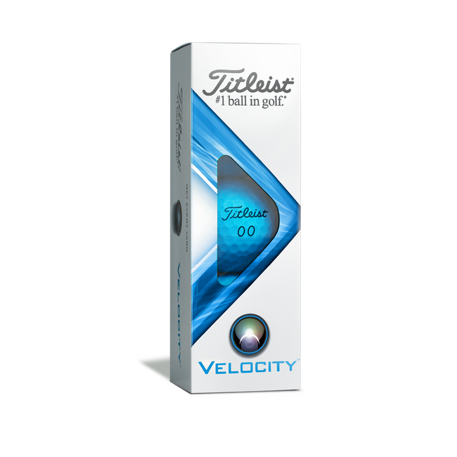 Blauwe Titleist Velocity golfballen met logo, de golfballen zitten verpakt in een doosje van drie
