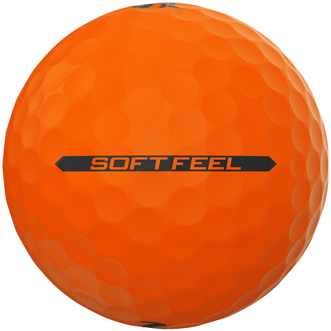 Oranje Srixon Soft Feel Brite golfballen met logo, het lijntje op de Srixon golfbal