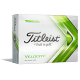 Groene Titleist Velocity golfballen met logo, voorkant van de doos