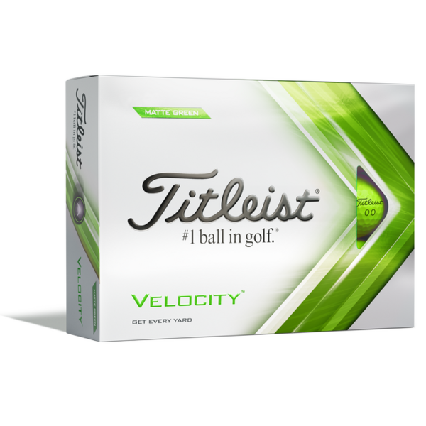 Groene Titleist Velocity golfballen met logo, voorkant van de doos