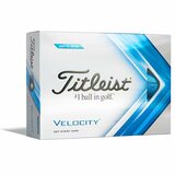 Blauwe Titleist Velocity golfballen met logo, voorkant van de doos