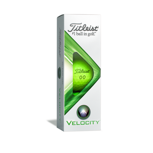 Groene Titleist Velocity golfballen met logo, de golfballen zitten verpakt in een doosje van drie