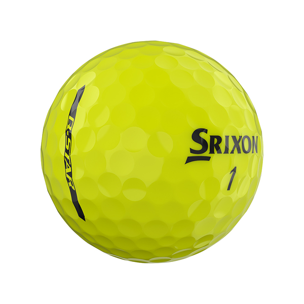 Gele Srixon Q-Star golfballen met logo, het logo van Srixon afgebeeld op de bal en het lijntje op de golfbal