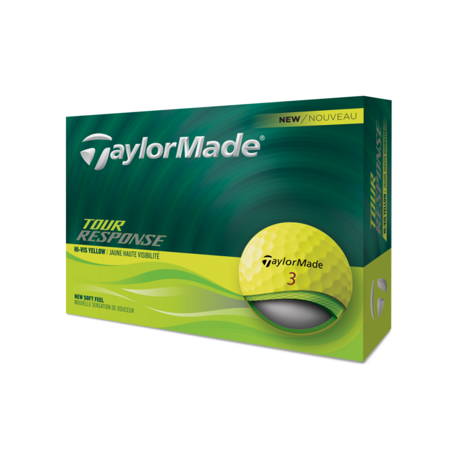 Gele Taylormade Tour Response golfballen met logo, voorkant van de doos